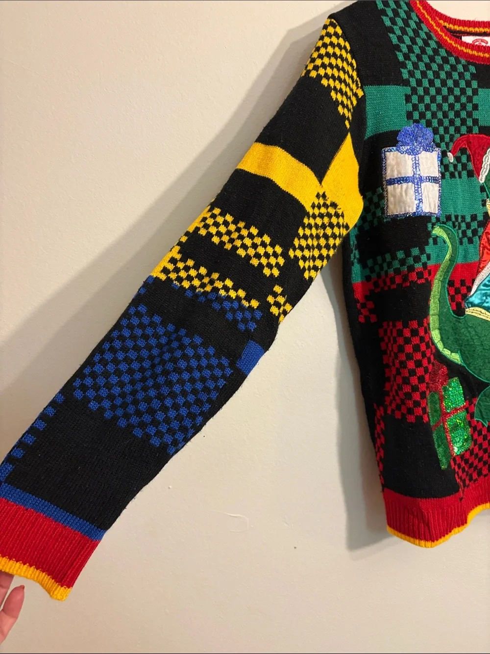 Ugly Christmas  Dino Patch Multicolor Checker Sweater